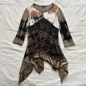Y2K asymmetrical handkerchief Brown black tie-dye sheer insert mixed print top